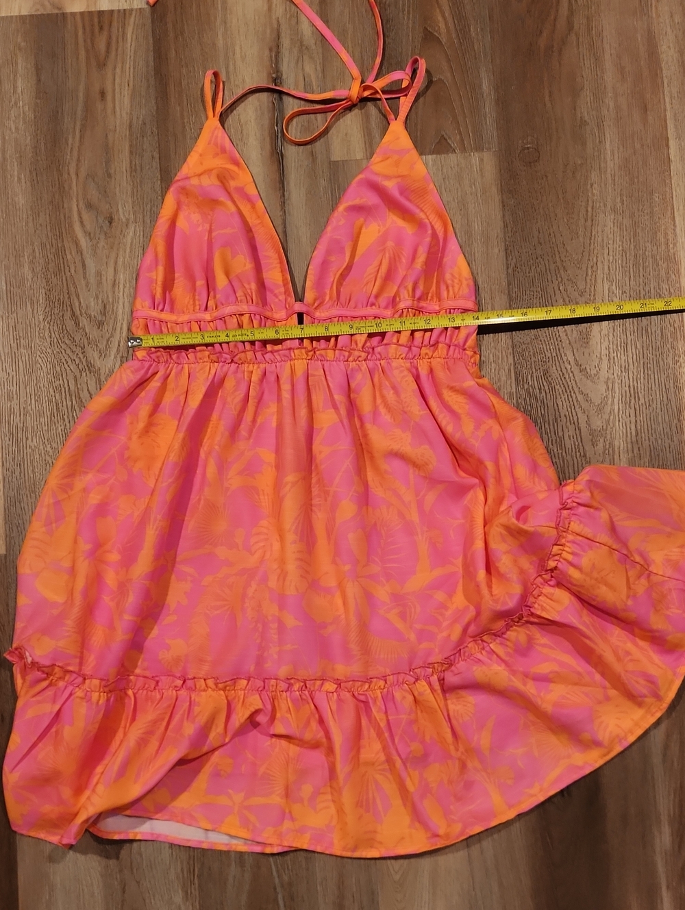Pink and Orange Halter Mini Dress with Ruffle Hem